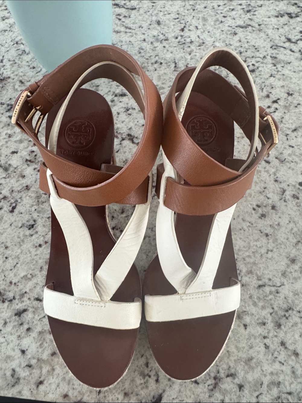 Tory Burch Brown and White Leather Crossover Ankle-Strap Sandals